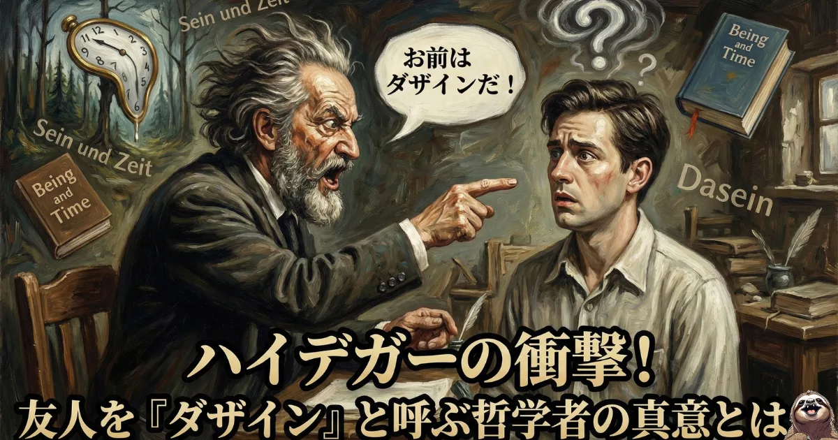 【インパクト画像】ハイデガーの衝撃!友人を「ダザイン(現存在)」と呼ぶ哲学者:主著『存在と時間(Sein und Zeit)』の核心概念である「Dasein(人間)」の意味を、ユーモラスな絶叫シーンで表現した実存主義の解説イラスト