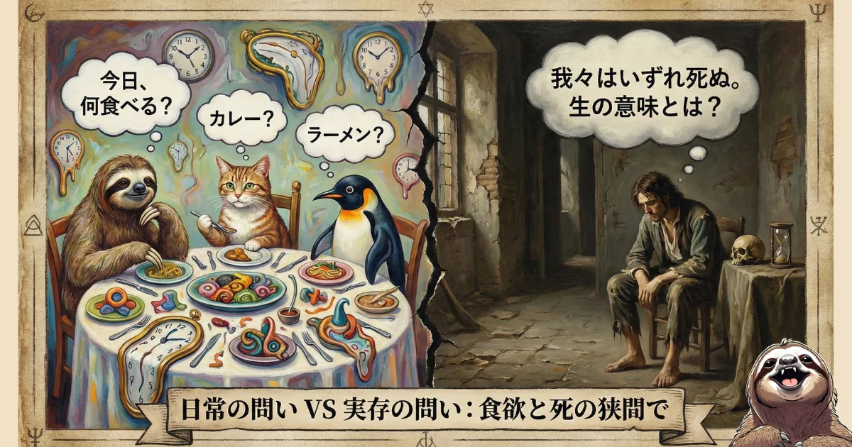 【シュール図解】日常の問いVS実存の問い:ハイデガー哲学における「非本来的な日常(今日何食べる?)」と「死への先駆的覚悟(生の意味とは?)」の対比。ダリ風の時計や動物たちを用いて、人間が抱える「食欲と死」の矛盾を描いたイラスト