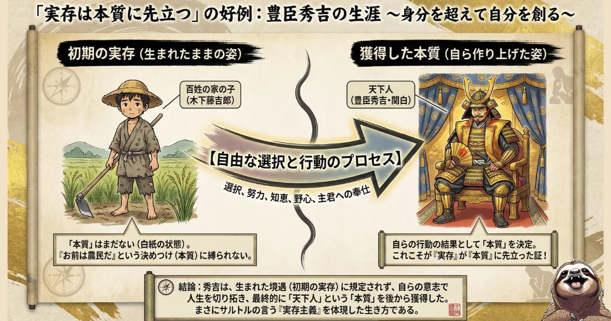 【図解】「実存は本質に先立つ」の最強の具体例・豊臣秀吉:農民(初期の実存)として生まれた秀吉が、運命に縛られず、自らの選択と努力で天下人(獲得した本質)へと成り上がったプロセス。サルトル哲学を日本の歴史でわかりやすく解説