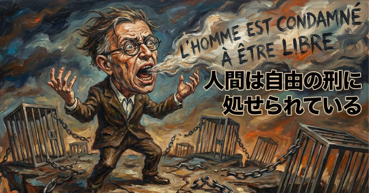 【迫力のイラスト】サルトルの名言「人間は自由の刑に処せられている」:破壊された檻と鎖を背景に、自由の厳しさ(全責任)を叫ぶジャン=ポール・サルトル。実存主義の核心概念である「自由の代償」を劇画風に描いたインパクト画像