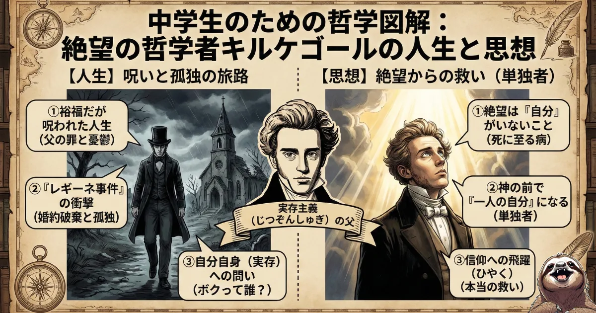 【図解】キルケゴールの人生と思想:裕福だが呪われた人生と婚約破棄(レギーネ事件)を経て、「死に至る病(絶望)」から「単独者」としての救い(信仰への飛躍)に至るプロセス。実存主義の父と呼ばれる理由を中学生向けに解説