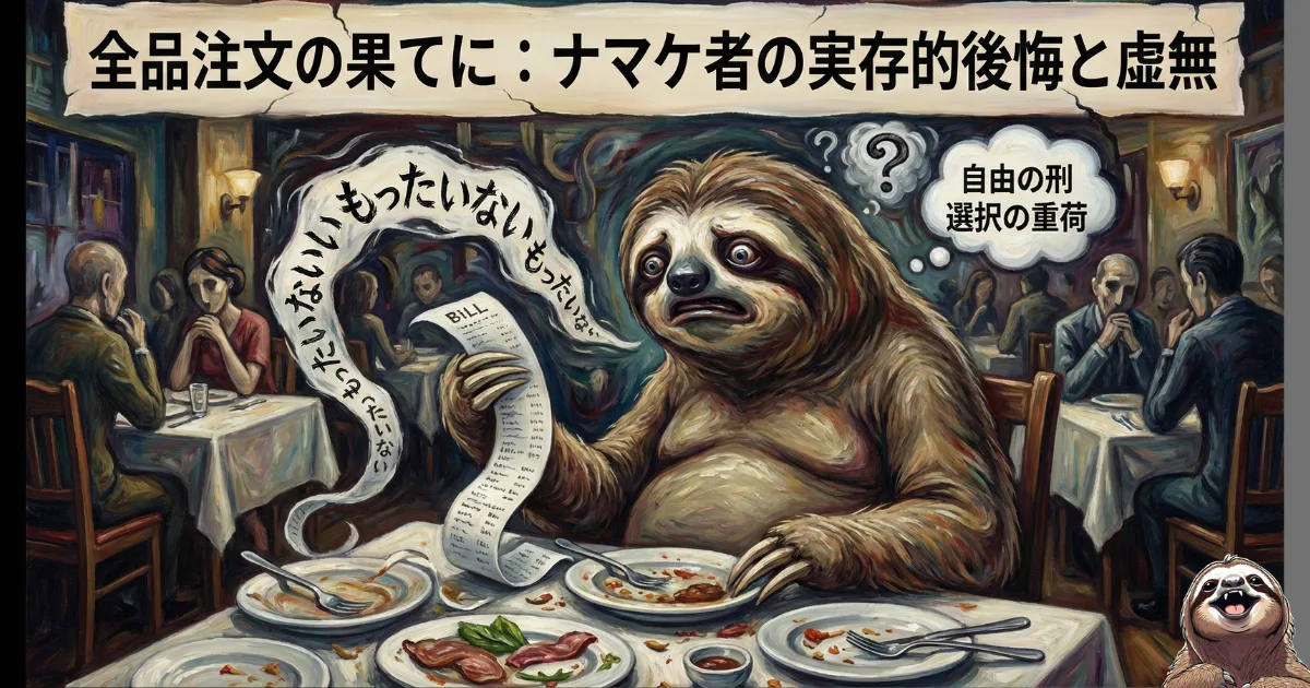 【ユーモア図解】実存的後悔と虚無:「全品注文(無限の自由)」を行使した結果、長大な請求書と「もったいない」という罪悪感(責任)に押しつぶされるナマケ者。サルトルの「自由の刑」を、レストランでの失敗談として描いたイラスト