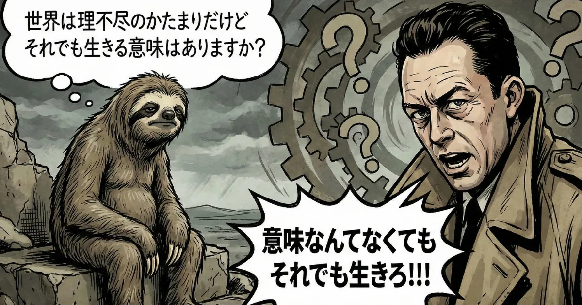 【迫力の図解】カミュの「反抗」とは?:「世界は理不尽だが、生きる意味はあるか?」と問うナマケ者に対し、「意味なんてなくてもそれでも生きろ!」と叫ぶカミュ。不条理な運命を受け入れ、その上で生を全肯定する実存的思想の真髄