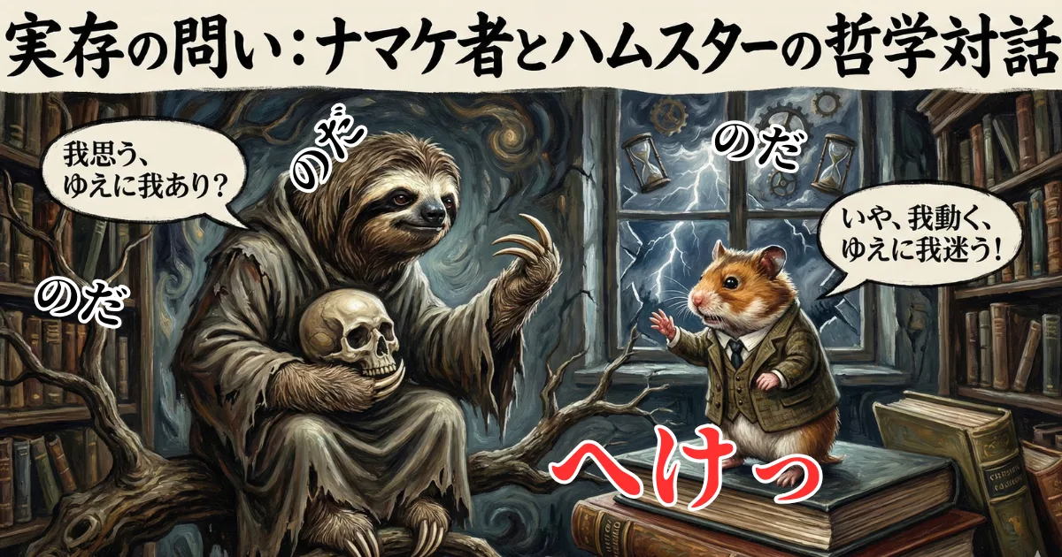 【哲学パロディ図解】実存の問い:デカルトの「我思う、ゆえに我あり」を疑うナマケ者と、「我動く、ゆえに我迷う」と返すスーツ姿のハムスター。「へけっ」「のだ」という語尾と共に、頭で考える理性と、迷いながら行動する実存の違いを解説