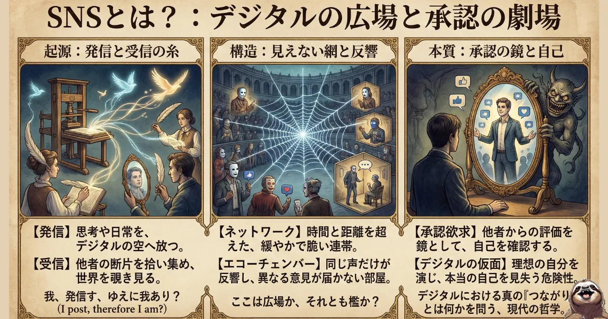 【図解】SNSという「承認の劇場」と実存主義:1.起源「我、発信す、ゆえに我あり」、2.構造「エコーチェンバー(同調圧力の檻)」、3.本質「承認欲求とデジタルの仮面」。サルトルの「他者のまなざし(地獄とは他人だ)」が支配する現代のSNS地獄を解説