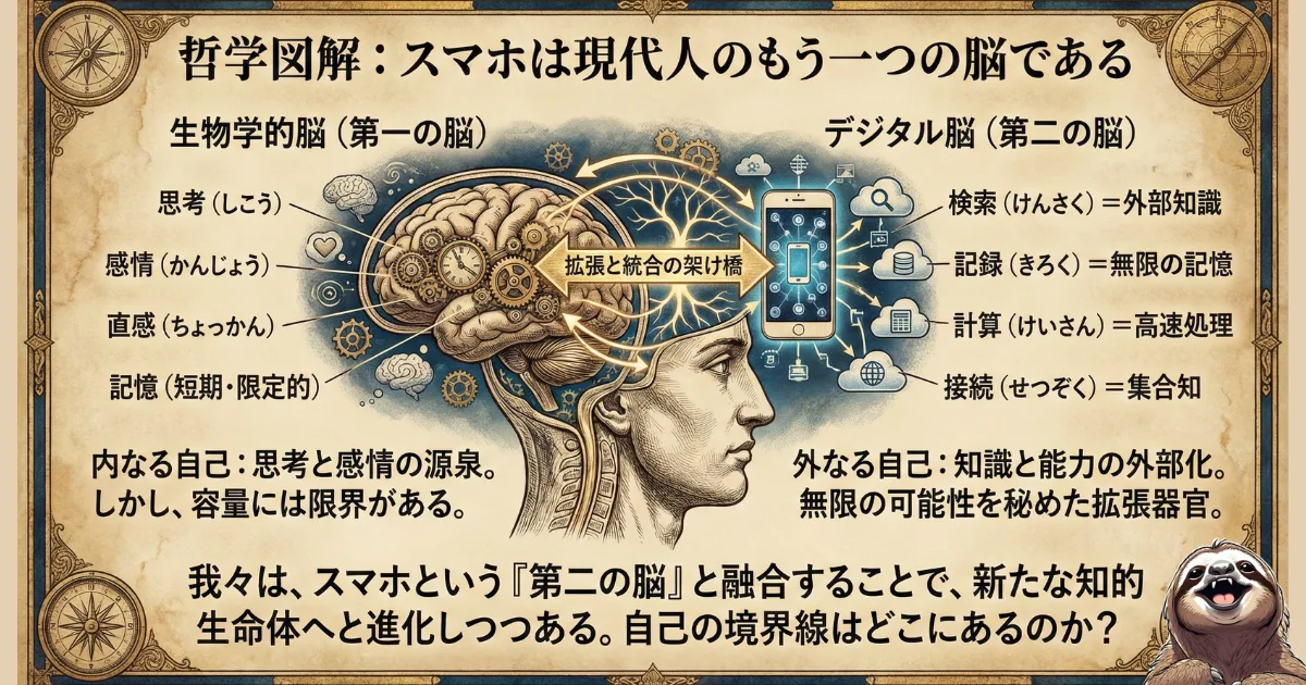 【現代哲学図解】スマホは現代人の「第二の脳」である:生物学的脳(思考・感情)とデジタル脳(検索・無限の記憶)が融合し、人間が新たな知的生命体へと進化している様子を描いたイラスト。自己の境界線を問う、現代の実存主義的考察