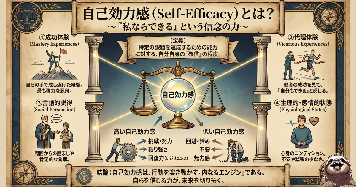 【図解】自己効力感(Self-Efficacy)とは?:バンデューラが提唱した「私ならできる」という信念の4つの源泉(成功体験、代理体験、言語的説得、生理的状態)と、それが行動(挑戦・努力)に与える影響を解説した心理学イラスト