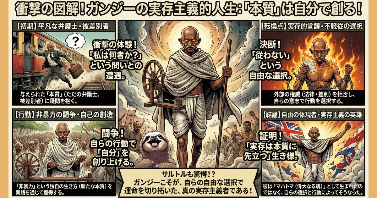 【衝撃の図解】ガンジーは実存主義者だった?:「実存は本質に先立つ」をガンジーの生涯(弁護士からマハトマへ)で解説。サルトルの哲学である「自由な選択」と「自己の創造」を、非暴力不服従の歴史的行動で証明したイラスト