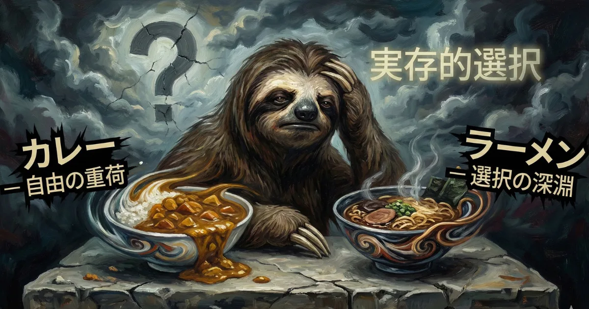 【ユーモア図解】実存的選択の苦しみ:「カレー(自由の重荷)」か「ラーメン(選択の深淵)」かで真剣に悩むナマケ者。サルトルが説く「些細な日常の選択にも全責任が伴う苦痛(自由の刑)」を、ランチの二択でわかりやすく解説