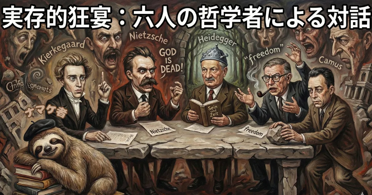 【総まとめ図解】実存主義の哲学者オールスターズ:キルケゴール(絶望)、ニーチェ(神の死)、ハイデガー(存在)、サルトル(自由)、カミュ(不条理)が一堂に会して激論する中、ナマケ者がマイペースに寝ている「実存的狂宴」のイラスト