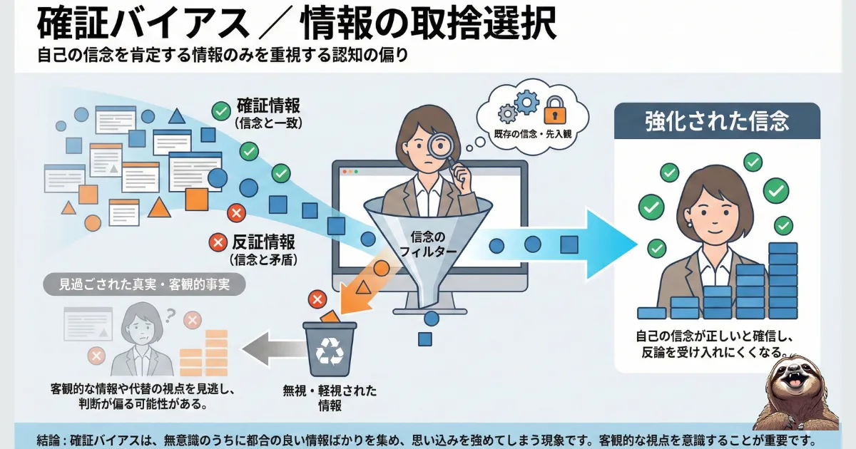 【詳細図解】確証バイアス(情報の取捨選択)のメカニズム:「信念のフィルター」を通して、自分に都合の良い情報(確認情報)だけを取り込み、都合の悪い事実(反証情報)を無視・廃棄するプロセス。思い込みが強化される心理学的理由を解説したインフォグラフィック