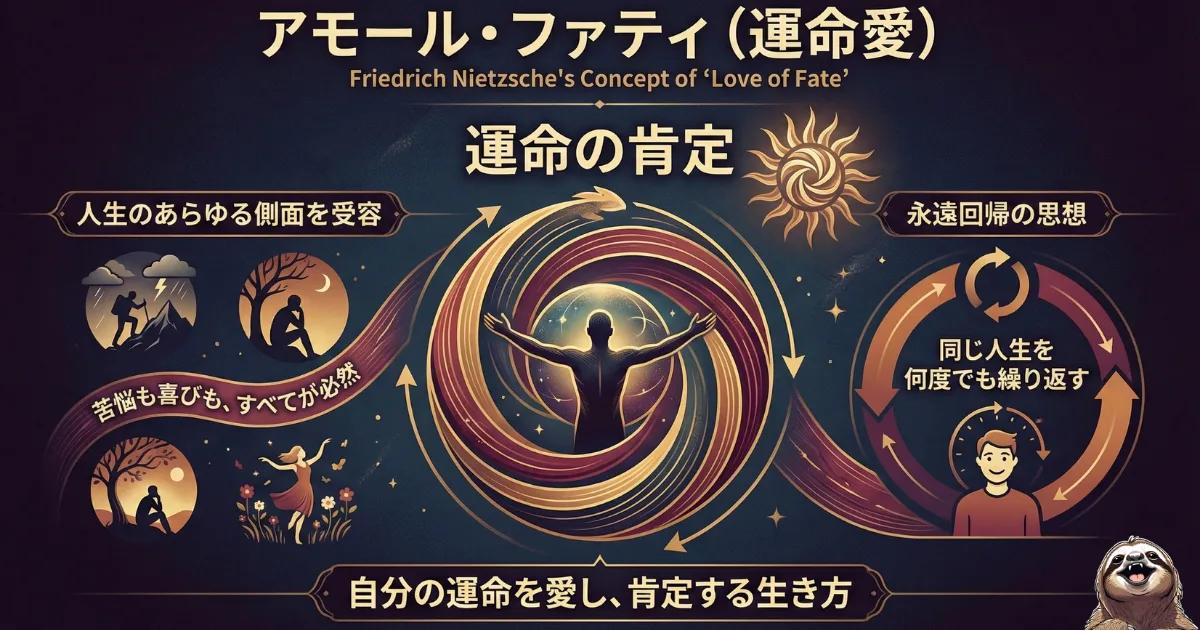 【図解】ニーチェのアモール・ファティ(運命愛)とは?:「人生のあらゆる側面(苦悩も喜びも)を受容」し、「永遠回帰(同じ人生の繰り返し)」さえも肯定する思想。運の良し悪しを超越し、自分の運命を愛する生き方を解説