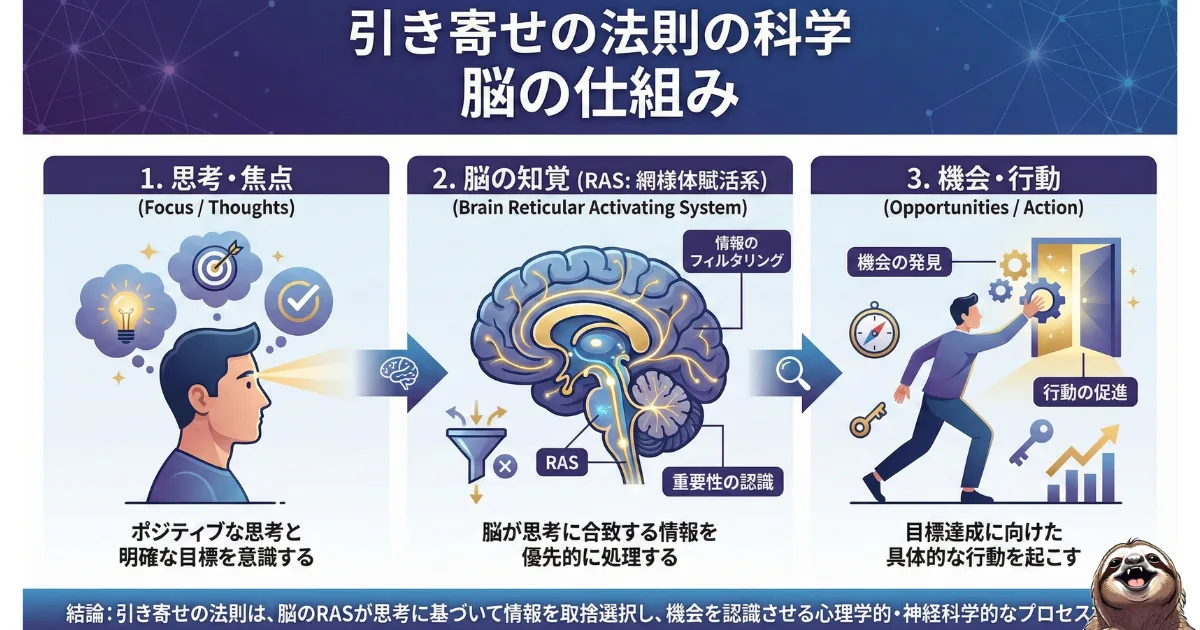 【完全図解】引き寄せの法則の科学的正体(RAS):ポジティブな思考(焦点)が脳の「網様体賦活系(RAS)」を刺激し、自分に必要な情報だけをフィルタリングして機会を発見させるメカニズム。スピリチュアルではなく脳科学で運を解説