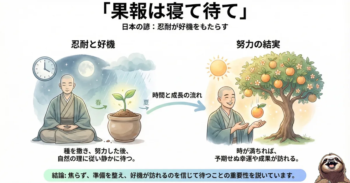 【図解】ことわざ「果報は寝て待て」の真の意味:やるべき準備(種まき)を終えたら、あとは焦らず自然の理に従って「寝て待つ(リラックスする)」ことで、予期せぬ幸運や成果が訪れることを示したイラスト。運を逃さないための「忍耐」と「好機」の法則