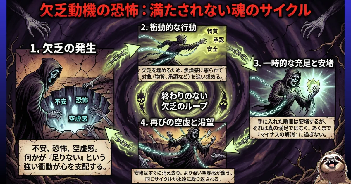 【図解】欠乏動機の恐怖と無限ループ:マズロー心理学における「欠乏欲求(物質・承認への渇望)」が満たされないメカニズム。不安から始まり、一時的な充足(マイナスの解消)を経て、再び空虚感に襲われる「終わりのない魂のサイクル」を描いたイラスト