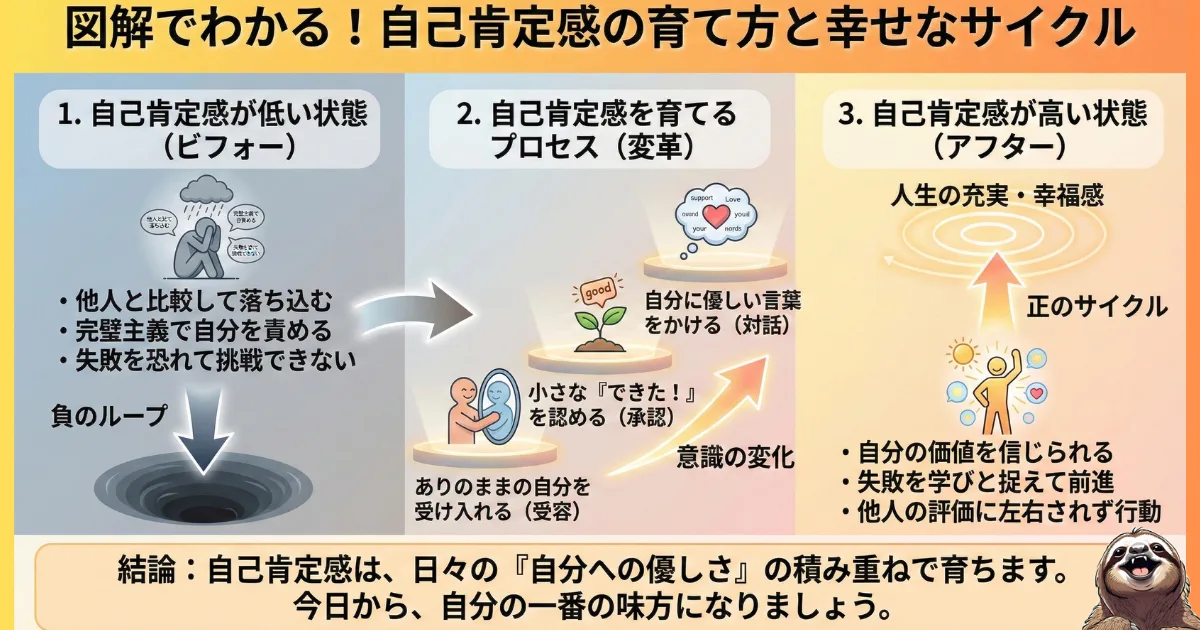 【図解】自己肯定感の育て方と幸せなサイクル:他人との比較や完璧主義による「負のループ」から抜け出し、ありのままの自分を受け入れる(受容)・小さな成功を認める(承認)ことで「正のサイクル」へと移行するプロセスを解説したイラスト