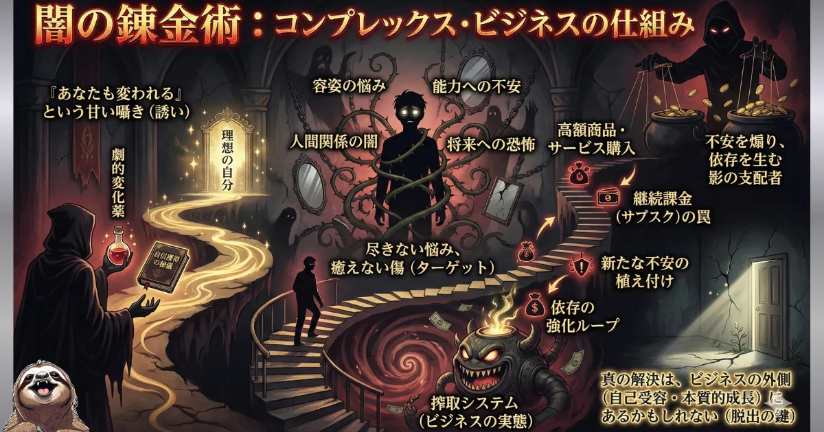 【図解】闇の錬金術・コンプレックスビジネスの正体:「あなたも変われる」と囁き、人の悩み(容姿・能力・将来)につけ込んで高額商品や依存ループへ引きずり込む搾取システムを可視化したダークファンタジー風イラスト