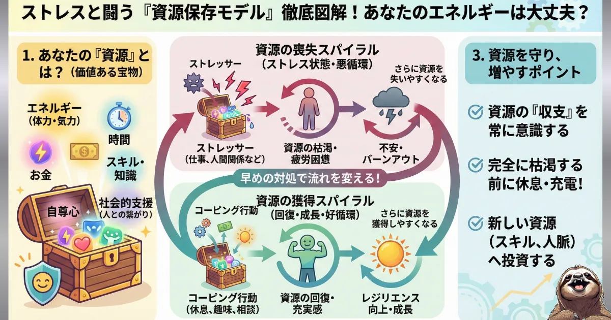 【図解】ストレスと闘う「資源保存モデル(COR理論)」:個人の持つ資源(エネルギー・時間・自尊心)が枯渇すると「喪失スパイラル(悪循環)」に陥り、逆に休息やコーピングで資源を守れば「獲得スパイラル(好循環)」に入るメカニズム
