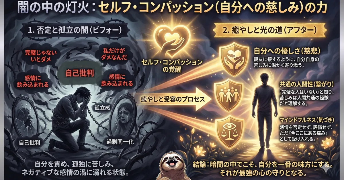 【図解】セルフ・コンパッション(自分への慈しみ)の3つの要素:「自分への優しさ」「共通の人間性」「マインドフルネス」の盾を持ち、自己批判や孤立感といった「心の闇」から抜け出すプロセス。自分を責めずに受け入れることが最強のメンタルケアであることを解説