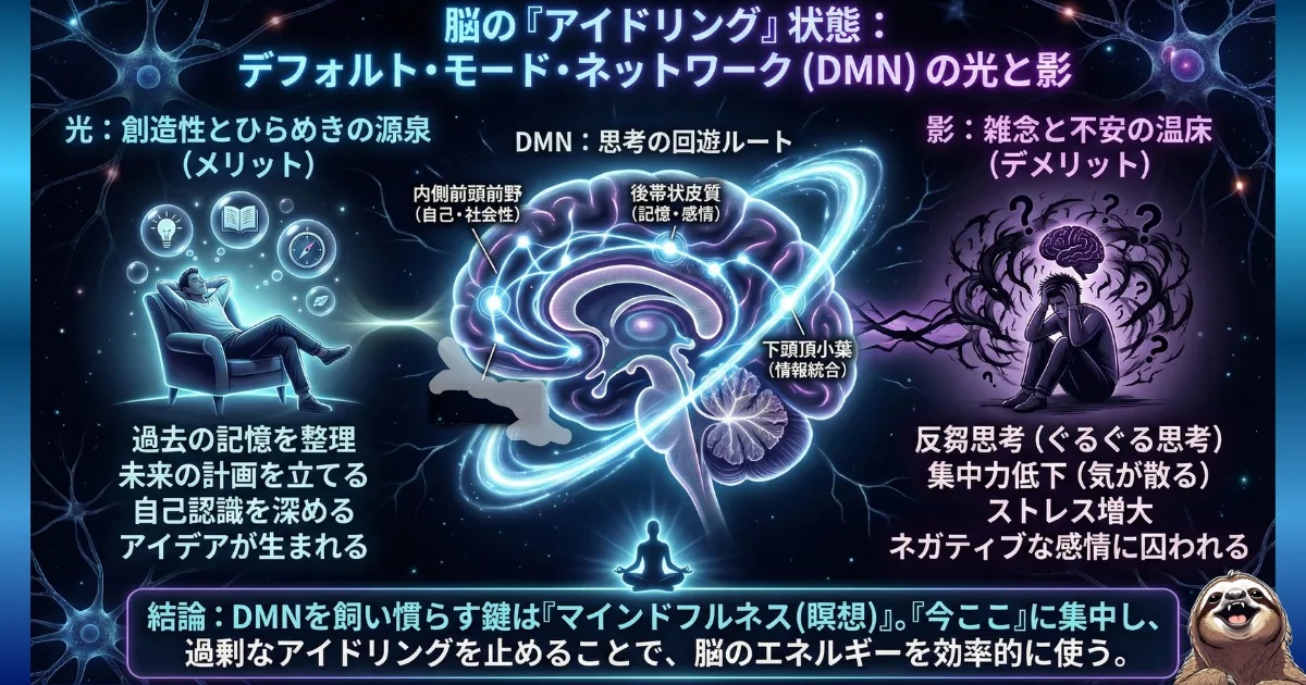 【図解】デフォルト・モード・ネットワーク(DMN)の光と影:脳のアイドリング状態がもたらす「創造性・ひらめき(メリット)」と「反芻思考・脳疲労(デメリット)」の対比図。マインドフルネス(瞑想)によってDMNを制御し、脳のエネルギー効率を高める方法