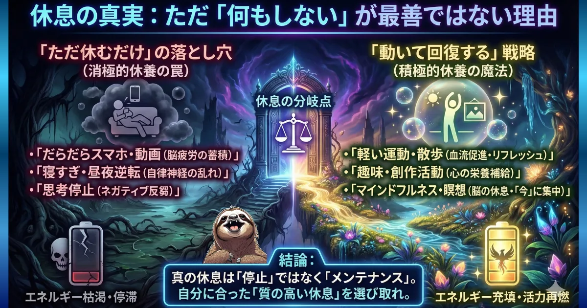 【図解】休息の真実・積極的休養(アクティブレスト)の重要性:「ただ何もしない(消極的休養)」は脳疲労や自律神経の乱れを招く罠であるのに対し、「軽く動く・趣味に没頭する(積極的休養)」こそがエネルギーを回復させる科学的な休息法であることを解説