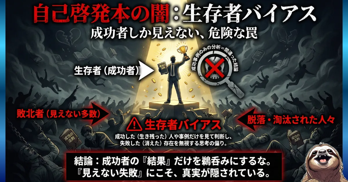 【図解】自己啓発本の闇・生存者バイアスとは:「成功者(生存者)」の背後には、同じことをして失敗した「見えない多数(敗北者)」がいるという統計的事実。成功事例だけを分析して間違った結論を導き出す、危険な認知の歪みを解説