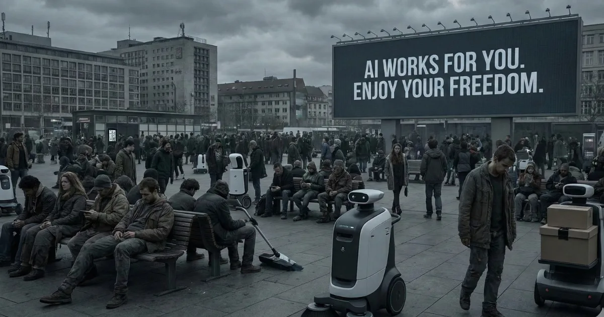 【皮肉な未来図】AIに仕事を奪われた人々の末路:「AI WORKS FOR YOU. ENJOY YOUR FREEDOM(AIはあなたのために働く。自由を楽しめ)」という看板の下で、生きる目的を失い無気力に過ごす群衆。労働からの解放がもたらすディストピアを描いた風刺イラスト