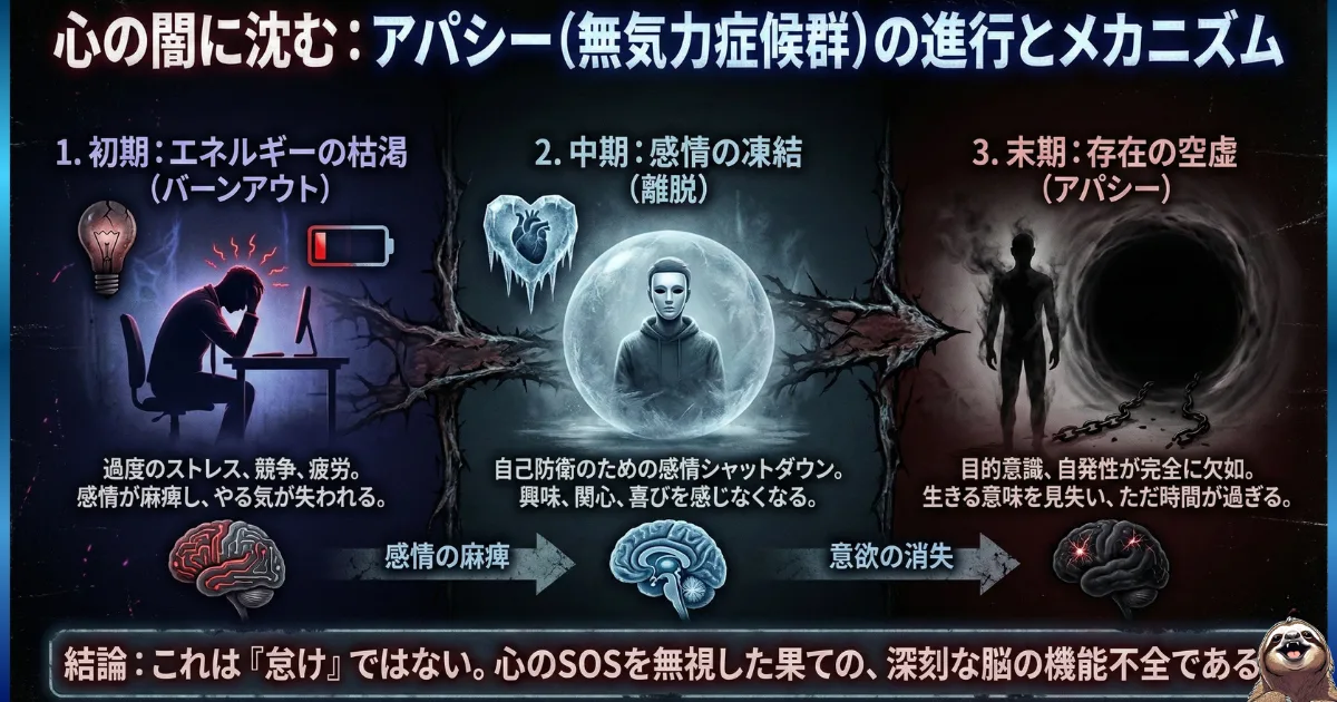 【図解】心の闇に沈む「アパシー(無気力症候群)」の進行メカニズム:ストレスによる「エネルギー枯渇(バーンアウト)」から、自己防衛としての「感情の凍結(離脱)」を経て、最終的に生きる意味を失う「存在の虚空」に至るプロセス。脳の機能不全であることを解説
