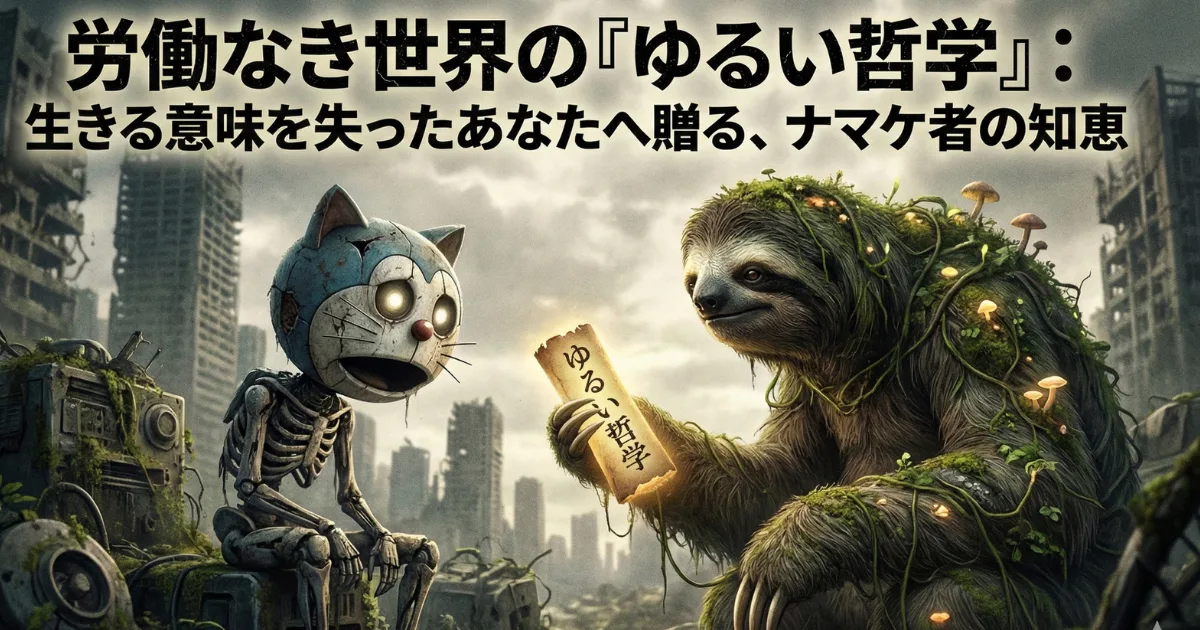 【記事アイキャッチ】労働なき世界の「ゆるい哲学」:生きる意味を失い錆びついたAIロボット(ガリガリのドラえもん)に、苔むしたナマケモノが知恵の巻物を授ける幻想的なイラスト。仕事がなくなった未来で人がどう生きるべきか、その幸福論を描いたシーン