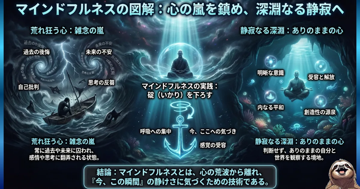 【図解】マインドフルネスのメカニズムと効果:「雑念の嵐(過去の後悔・未来の不安)」に翻弄される心が、呼吸という「碇(アンカー)」を下ろすことで、「今、ここ」にある「深淵なる静寂」を取り戻すプロセス。AI時代のメンタルヘルス管理術