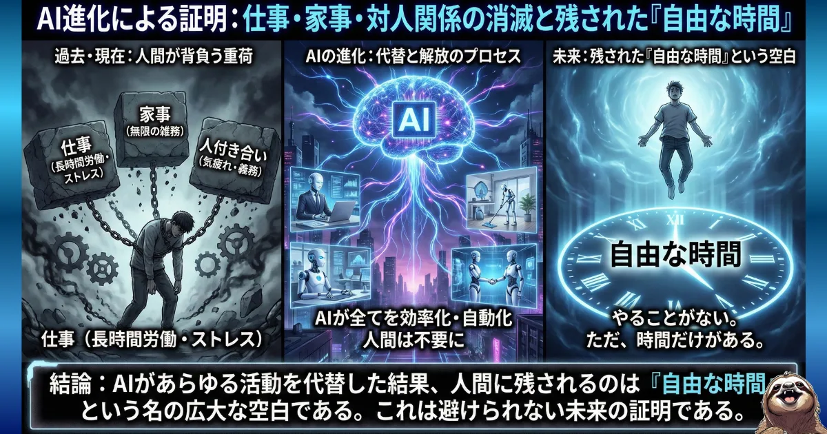【図解】AI進化による「自由な時間」の証明:仕事・家事・人付き合いという「重荷」がAIに代替された結果、人間に残されるのは「やることのない広大な空白(虚無)」であることを示した3段階の未来予測イラスト