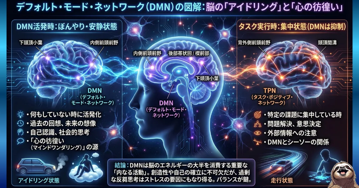 【脳科学図解】デフォルト・モード・ネットワーク(DMN)の役割:「ぼんやりしている時」に活性化する脳の回路(アイドリング状態)と、タスク集中時のTPNとの違いを比較解説。創造性や自己認識におけるDMNの重要性を示したイラスト