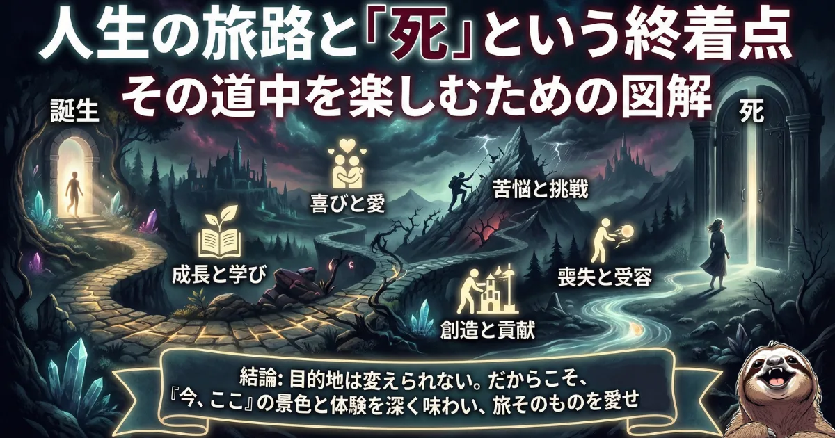 【究極の図解】人生の旅路と「死」という終着点:誕生から死までのプロセスにおいて、「成長」「愛」「挑戦」「喪失」といった経験(道中の景色)を味わうことこそが生きる意味であると説くイラスト。AI時代の効率主義に対する哲学的アンチテーゼ
