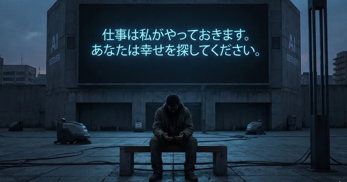 【AI時代のパラドックス】「仕事は私がやっておきます。あなたは幸せを探してください」というAIのメッセージと、役割を失い項垂れる男性。労働からの解放が、逆に人間から「生きる手応え」を奪ってしまう未来を描いた風刺的なイラスト