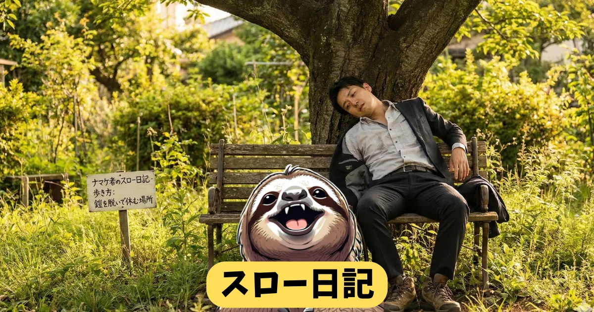 【記事アイキャッチ】仕事に疲れた社会人が鎧（スーツ）を脱いで休む場所：木漏れ日の下、ベンチで深く眠るビジネスマンと、それを見守るナマケ者。「ナマケ者のスロー日記・歩き方」のブログタイトルが入った癒やしの画像