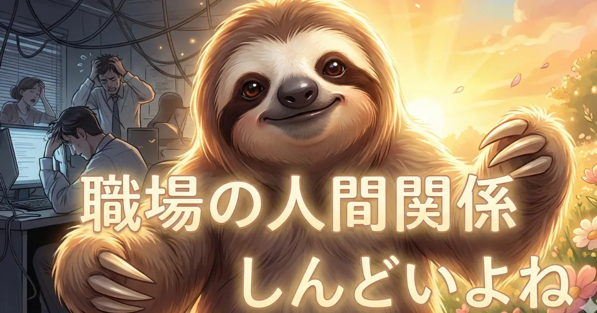 【共感】「職場の人間関係 しんどいよね」と優しく語りかけるナマケモノ：背景の暗いオフィスで頭を抱える会社員たち（ストレス）とは対照的に、温かい光の中で微笑むナマケ者が描かれた、仕事に疲れた人への癒やし画像
