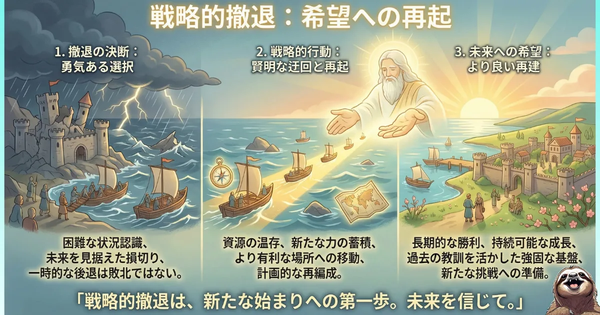 【図解】逃げるは恥ではなく「戦略」だ：過酷な環境からの「撤退の決断（勇気ある選択）」を経て、資源を温存しつつ「賢明な迂回」を行い、最終的に「未来への希望（より良い再建）」へと至る3ステップの成功プロセス