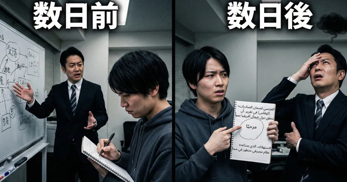 「数日前」と「数日後」の比較イラスト。左側はスーツ姿の上司がホワイトボード前で熱弁し、部下がメモを取っている。右側はパーカー姿になった部下がノートに描いたメモ（暗号）を指差し、上司が頭を抱えて困り果てている