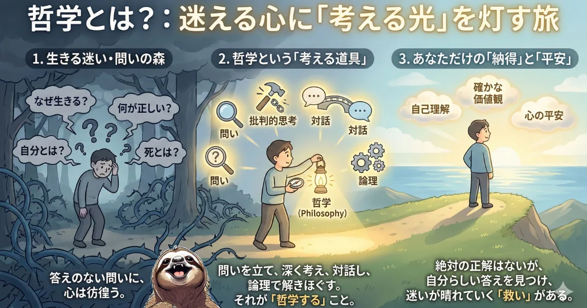 【図解】哲学とは何か?:「なぜ生きる?」「死とは?」といった人生の迷い(暗い森)を、批判的思考や対話という「考える道具(ランタン)」を使って照らし、自分だけの納得と心の平安(朝日)へ辿り着くプロセス
