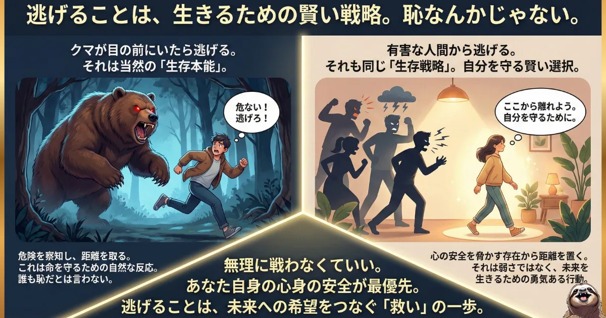 【図解】逃げることは恥ではなく「生存戦略」:熊から逃げるのが当然の「生存本能」であるように、有害な人間関係(精神的な危機)から距離を置くことも、自分を守るための「賢い選択」であることを比較解説したイラスト