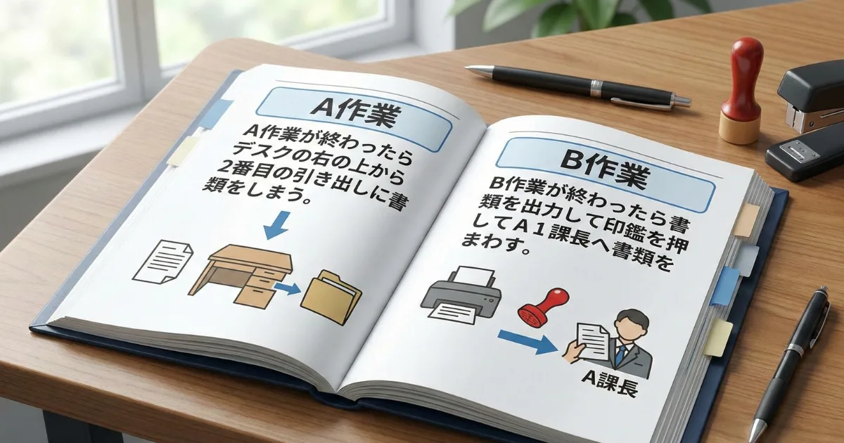 【図解】分かりやすい業務マニュアルの例:「A作業が終わったら右の上から2番目の引き出しにしまう」「B作業は印刷してハンコを押して課長へ」など、行動レベルまで具体的に言語化・イラスト化した作業手順書