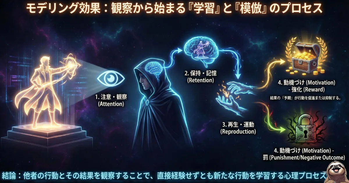 【図解】モデリング効果(観察学習)の4段階プロセス:他者の行動を「観察(注意)」し、脳内に「記憶(保持)」し、実際に「再現(運動)」し、その結果への期待によって「動機づけ(強化・罰)」されるまでの心理メカニズム