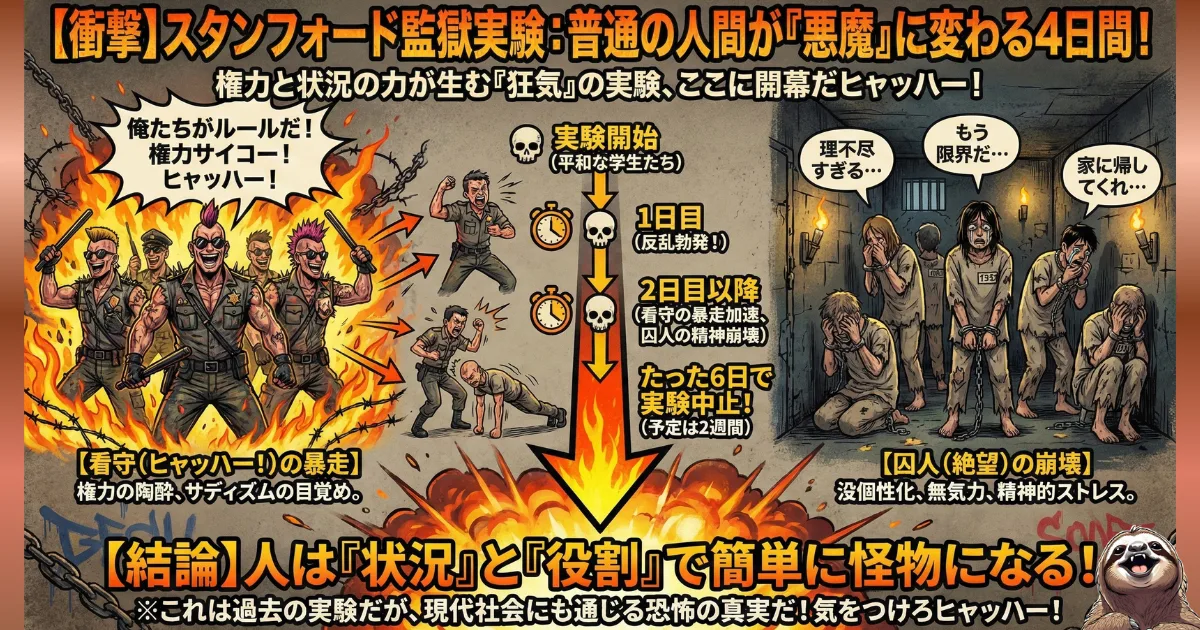 【図解】スタンフォード監獄実験の衝撃:普通の人間が「看守(権力者)」という役割を与えられただけで、サディスティックな「悪魔」に変貌し、「囚人(弱者)」を精神的に追い詰めてしまう心理メカニズムと実験の全貌