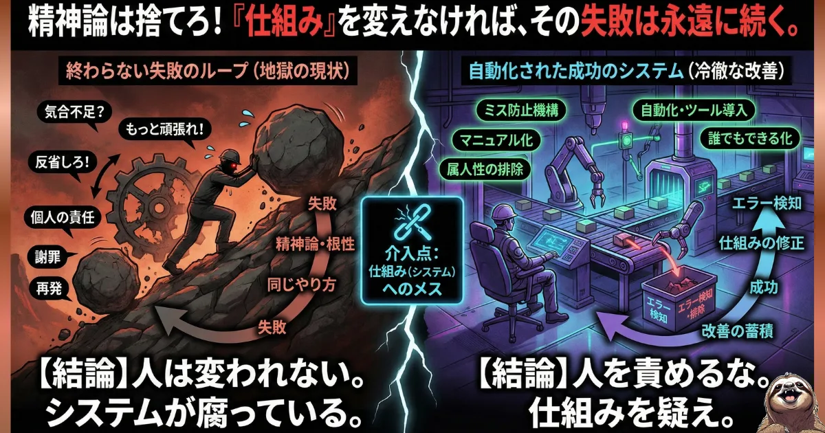 【図解】精神論からの脱却と「仕組み化」の重要性:「気合不足」「反省しろ」と個人を責めて失敗を繰り返す地獄のループ(左)と、マニュアル化やツール導入によって属人性を排除し、自動的に成功を生み出すシステムの構築(右)
