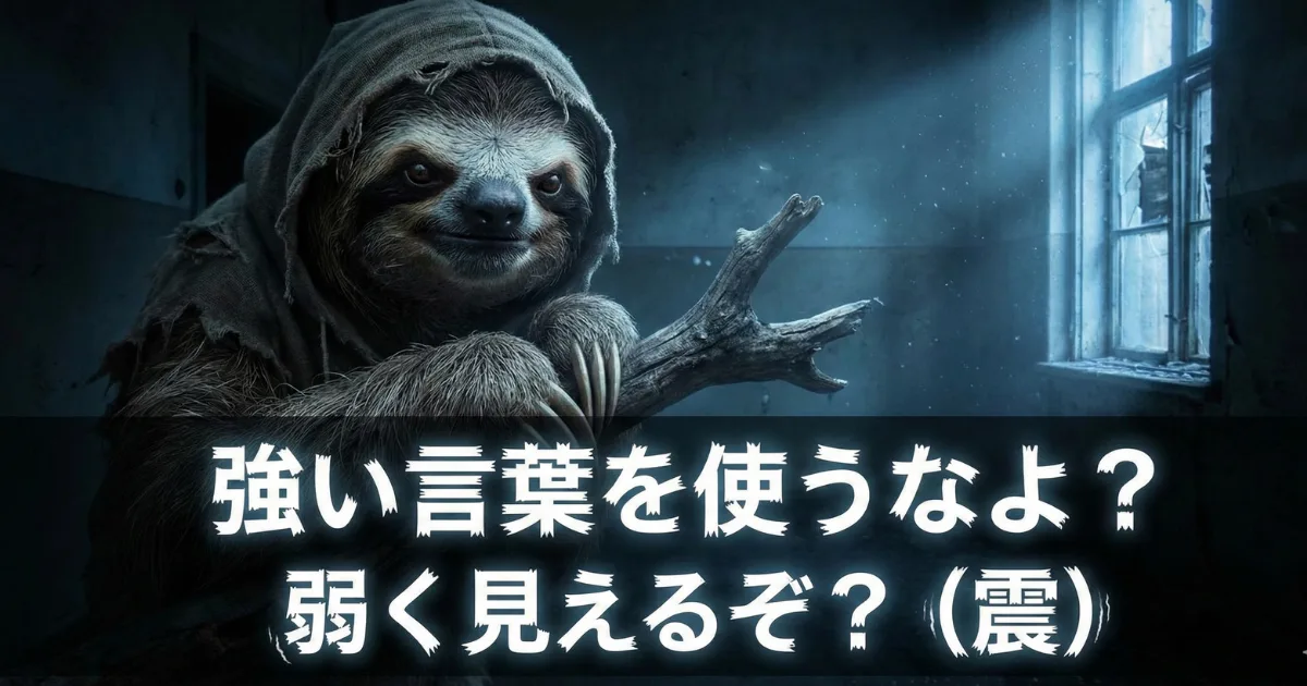 【指導者の戒め】「強い言葉を使うなよ?弱く見えるぞ?」と諭すナマケモノ:部下に対して威圧的・攻撃的な口調を使ってしまうのは、実は指導者自身の「自信のなさ(弱さ)」の表れであることを指摘する、心理的な警鐘イラスト