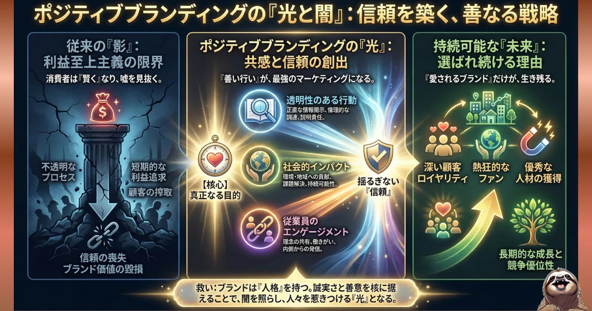 【図解】ポジティブブランディングの「光と闇」:利益や成果だけを追求し信頼を失う「従来の影(左)」と、誠実さ・透明性・貢献を核にして揺るぎない信頼と従業員のエンゲージメントを築く「善なる戦略(右)」の比較