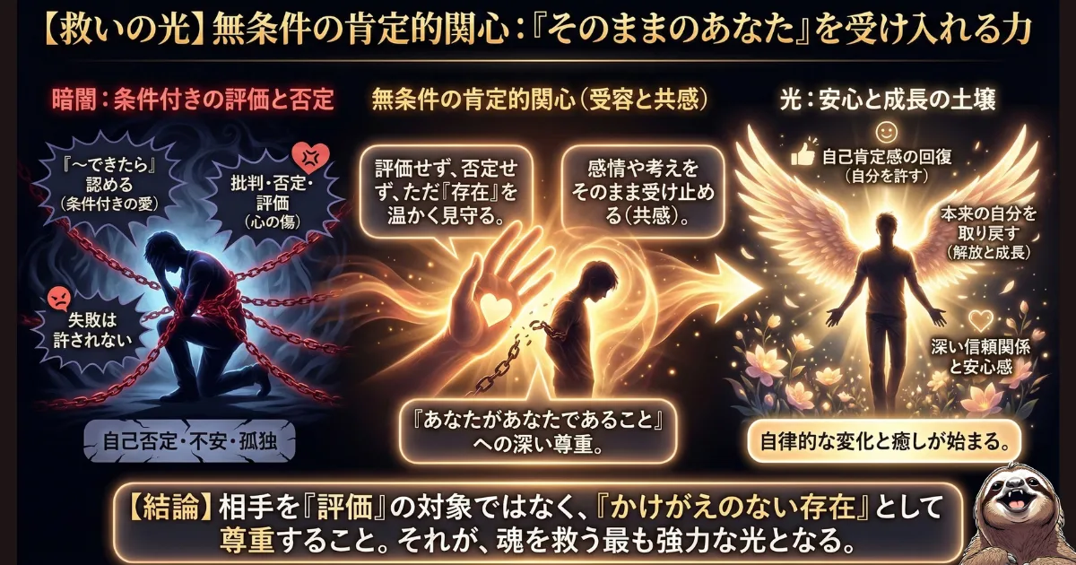 【図解】無条件的肯定的関心とは:「成果」や「能力」で判断する「条件付きの評価(左)」が人を萎縮させるのに対し、相手の「存在」そのものを尊重し受け入れる「無条件の肯定(中央)」が、深い安心感と自律的な成長(右)を促す心理学的メカニズム