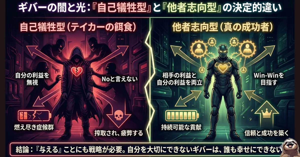 【図解】ギバー(与える人)の闇と光:自分の利益を無視してテイカーに搾取される「自己犠牲型(左)」と、自分と相手の利益を両立させWin-Winの関係を築く「他者志向型(右)」の違い。燃え尽きずに成功するための戦略的ギブの重要性