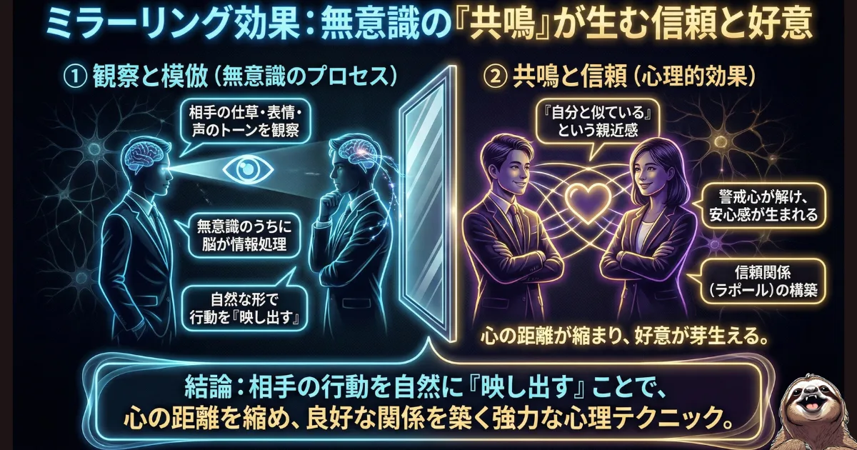 【図解】ミラーリング効果のメカニズム:相手の仕草、表情、声のトーンなどを自然に真似る(映し出す)ことで、脳が無意識に「自分と似ている」という親近感を抱き、警戒心を解いて深い信頼関係(ラポール)を築く心理学的手法