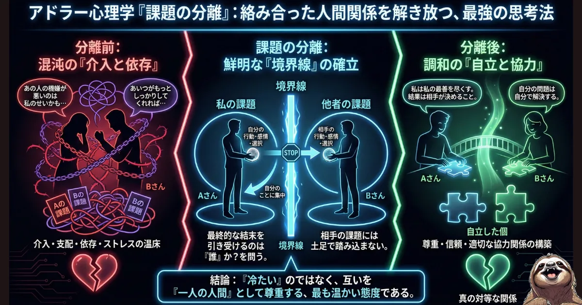 【図解】アドラー心理学「課題の分離」:相手の問題に介入しすぎて依存やストレスを生む状態(左)から、鮮明な境界線を引いて「誰の課題か」を区別し(中央)、互いを尊重し合う「自立と協力」の関係(右)へ移行する思考法